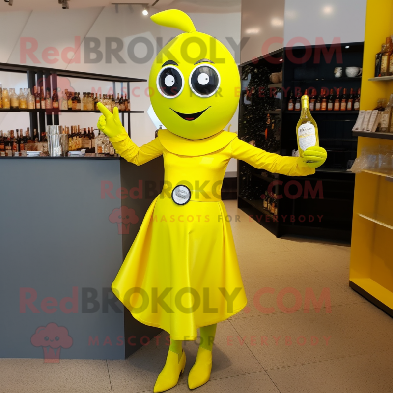 Lemon Yellow Superhero mascot costume character dressed with a Cocktail Dress and Brooches