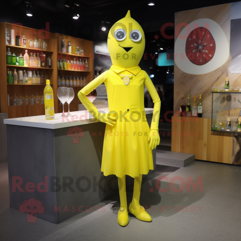 Lemon Yellow Superhero mascot costume character dressed with a Cocktail Dress and Brooches