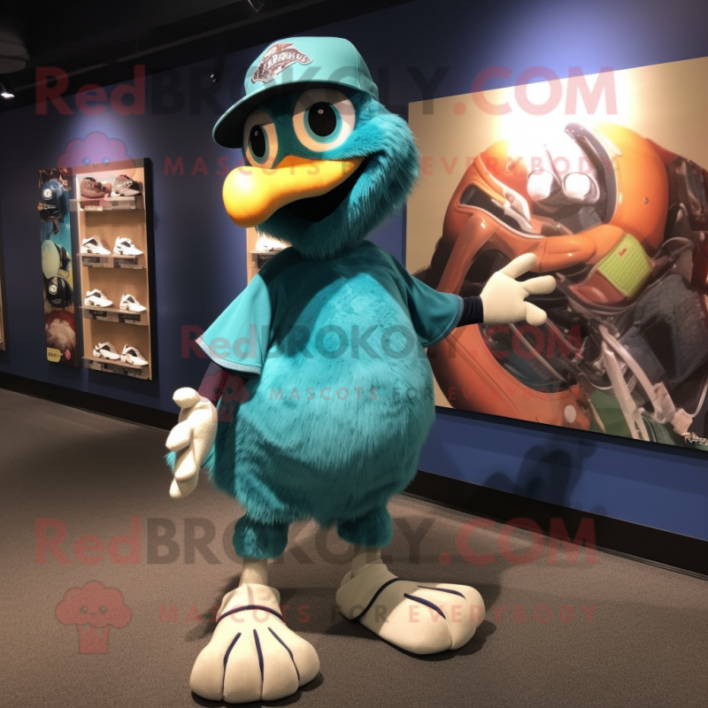 Turquoise Dodo Bird mascot costume character dressed with a Baseball Tee and Shoe clips