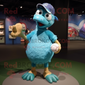 Turquoise Dodo Bird mascot costume character dressed with a Baseball Tee and Shoe clips