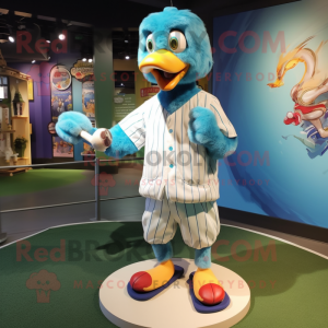 Turquoise Dodo Bird mascot costume character dressed with a Baseball Tee and Shoe clips