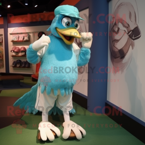 Turquoise Dodo Bird mascot costume character dressed with a Baseball Tee and Shoe clips