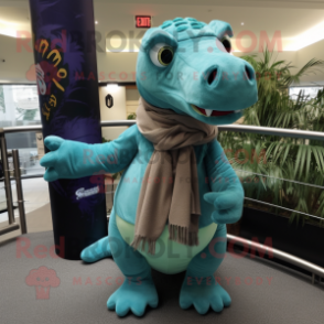 Teal Iguanodon mascot costume character dressed with a Cover-up and Scarf clips