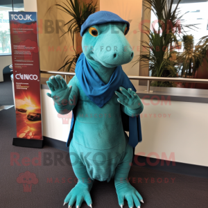 Teal Iguanodon mascot costume character dressed with a Cover-up and Scarf clips