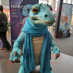 Teal Iguanodon mascot costume character dressed with a Cover-up and Scarf clips