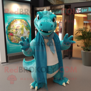 Teal Iguanodon mascot costume character dressed with a Cover-up and Scarf clips