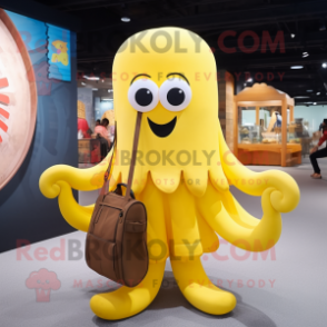 Yellow Octopus mascot costume character dressed with a Maxi Skirt and Messenger bags