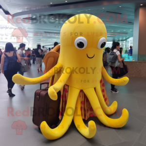 Yellow Octopus mascot costume character dressed with a Maxi Skirt and Messenger bags