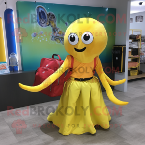 Yellow Octopus mascot costume character dressed with a Maxi Skirt and Messenger bags