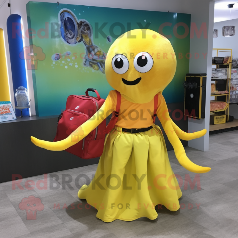 Yellow Octopus mascot costume character dressed with a Maxi Skirt and Messenger bags Yellow Octopus mascot costume character dressed with a Maxi Skirt and Messenger bags