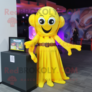 Yellow Octopus mascot costume character dressed with a Maxi Skirt and Messenger bags