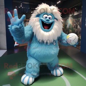 Cyan Yeti mascot costume character dressed with a Rugby Shirt and Keychains
