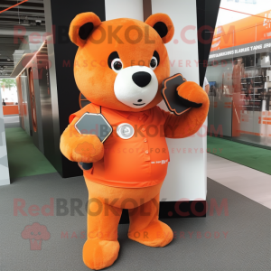 Orange Bear mascot costume character dressed with a A-Line Dress and Wallets