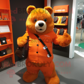 Orange Bear mascot costume character dressed with a A-Line Dress and Wallets