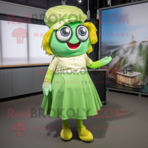 Green Fish And Chips mascot costume character dressed with a A-Line Skirt and Eyeglasses