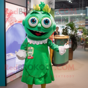 Green Fish And Chips mascot costume character dressed with a A-Line Skirt and Eyeglasses