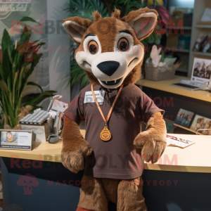 Brown Thylacosmilus mascot costume character dressed with a Cardigan and Keychains
