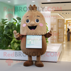 Brown Turnip mascot costume character dressed with a Cover-up and Clutch bags