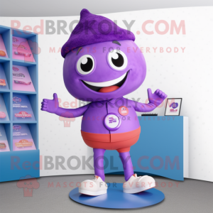 Purple Pho mascot costume character dressed with a Capri Pants and Brooches