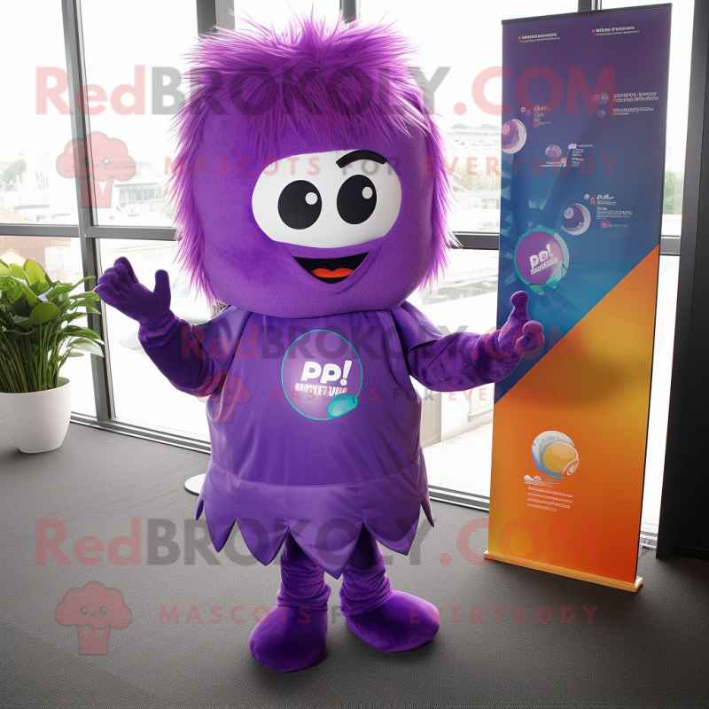 Purple Pho mascot costume character dressed with a Capri Pants and Brooches