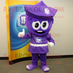 Purple Pho mascot costume character dressed with a Capri Pants and Brooches