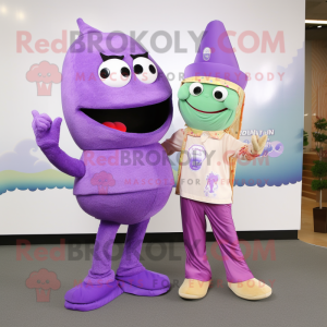 Purple Pho mascot costume character dressed with a Capri Pants and Brooches