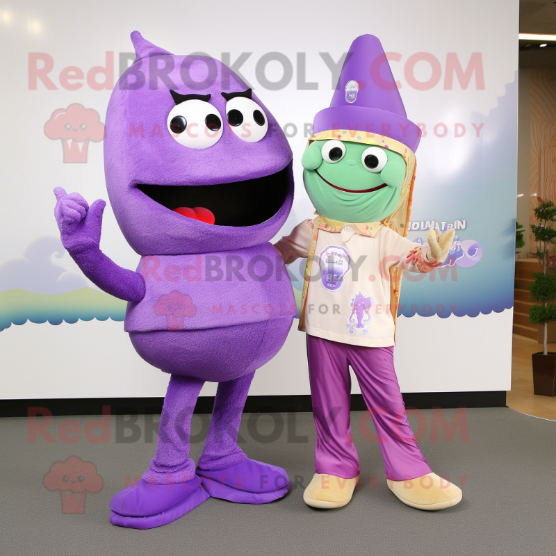 Purple Pho mascot costume character dressed with a Capri Pants and Brooches