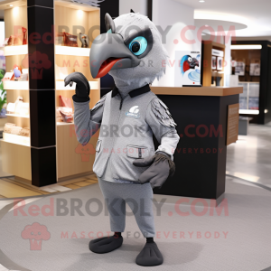 Gray Crow mascot costume character dressed with a Sweatshirt and Pocket squares