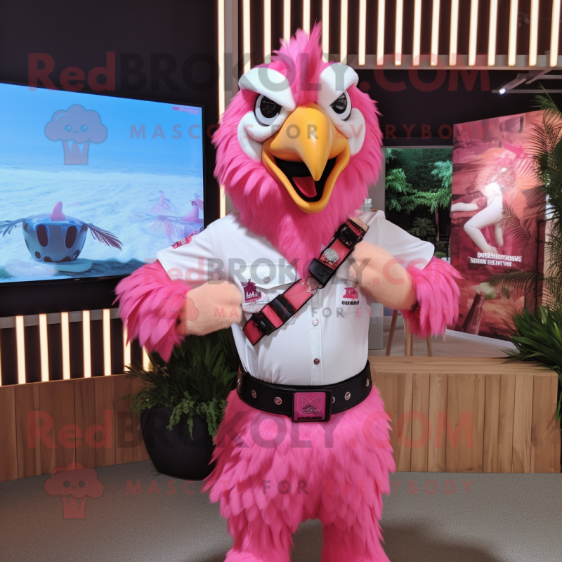 Pink Roosters mascot costume character dressed with a T-Shirt and Belts