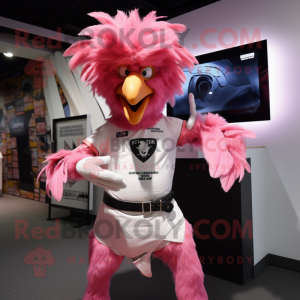 Pink Roosters mascot costume character dressed with a T-Shirt and Belts