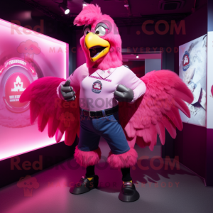 Pink Roosters mascot costume character dressed with a T-Shirt and Belts