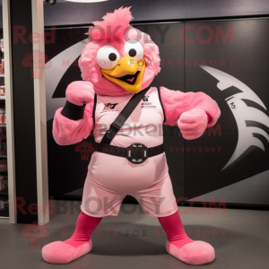 Pink Roosters mascot costume character dressed with a T-Shirt and Belts