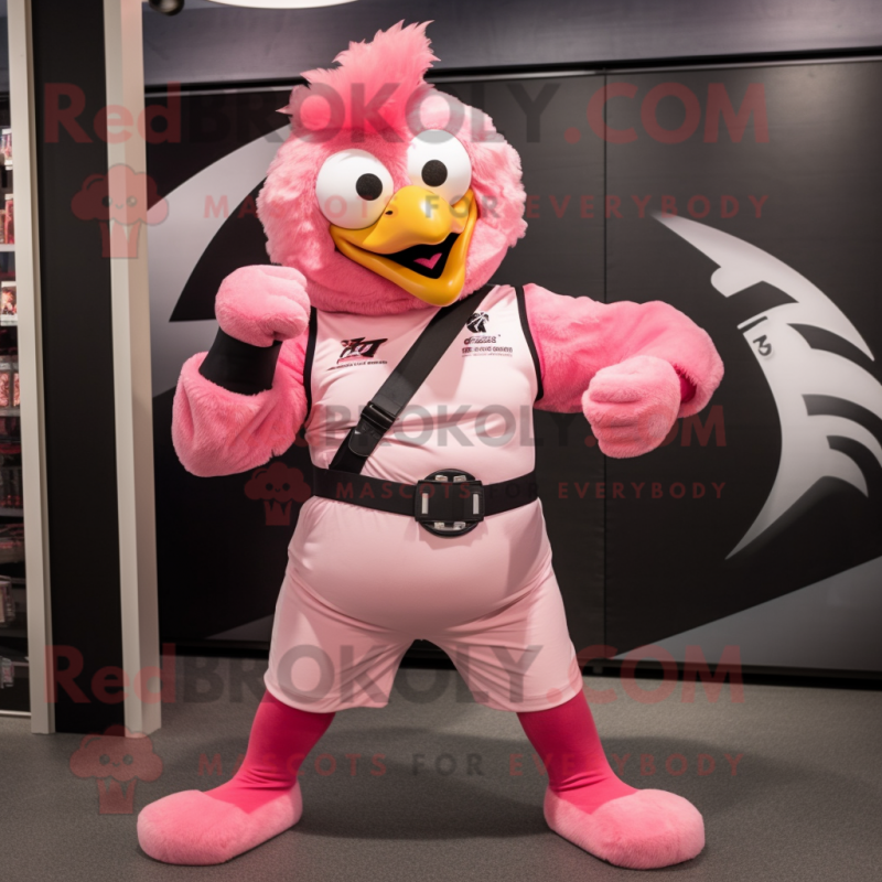 Pink Roosters mascot costume character dressed with a T-Shirt and Belts