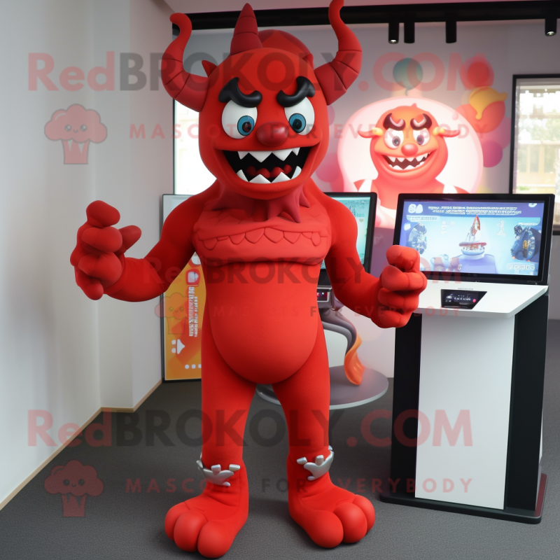 Red Demon mascot costume character dressed with a Playsuit and Gloves Red Demon mascot costume character dressed with a Playsuit and Gloves