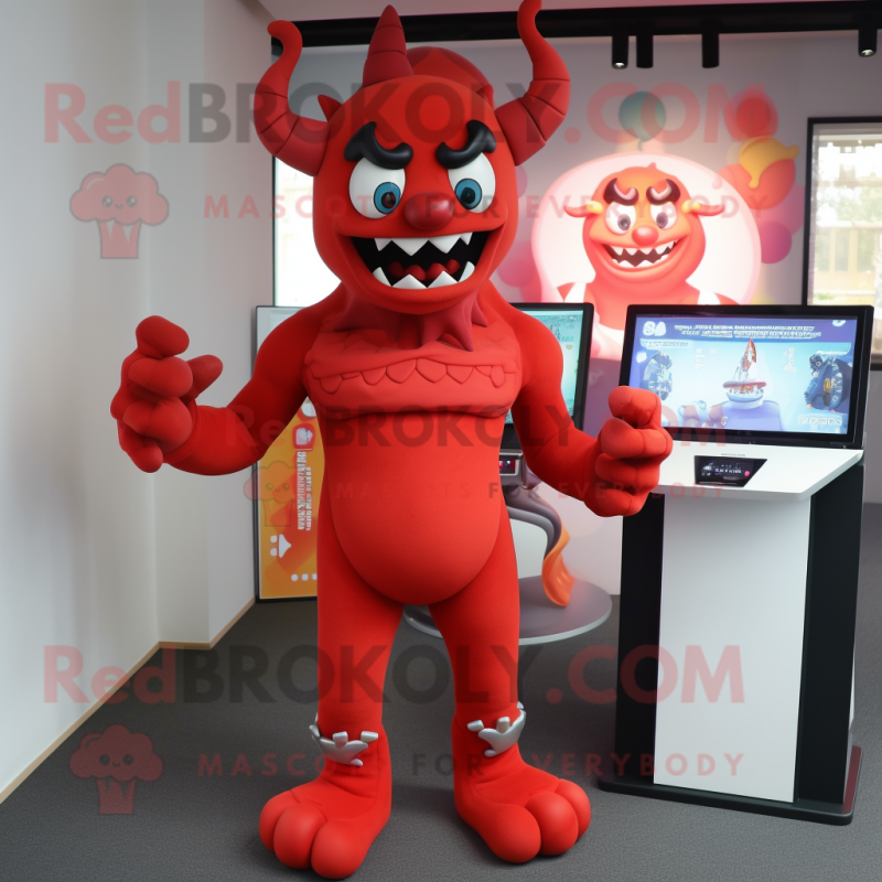 Red Demon mascot costume character dressed with a Playsuit and Gloves