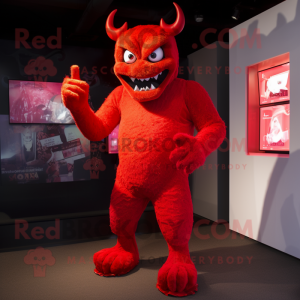 Red Demon mascot costume character dressed with a Playsuit and Gloves