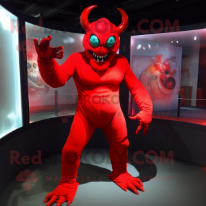 Red Demon mascot costume character dressed with a Playsuit and Gloves