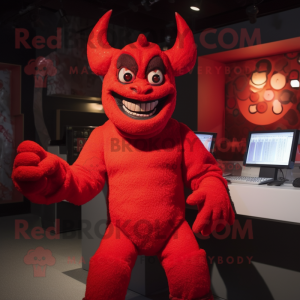 Red Demon mascot costume character dressed with a Playsuit and Gloves