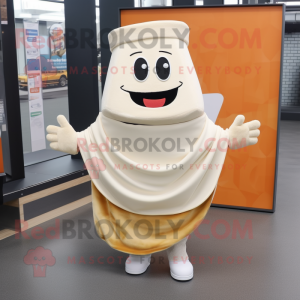 Cream Lasagna mascot costume character dressed with a Hoodie and Shawl pins