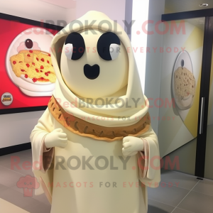 Cream Lasagna mascot costume character dressed with a Hoodie and Shawl pins