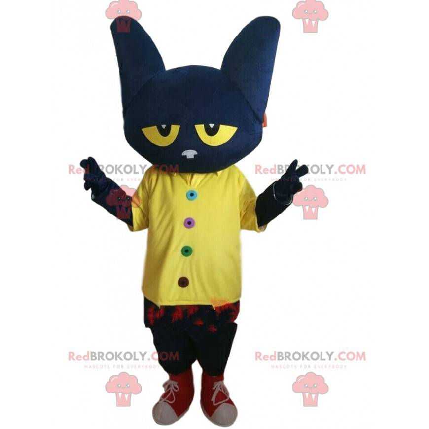 Mascotte gatto nero molto divertente, con gli occhi gialli -