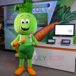 Lime Green Carrot mascot costume character dressed with a Polo Shirt and Digital watches