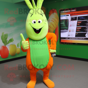 Lime Green Carrot mascot costume character dressed with a Polo Shirt and Digital watches