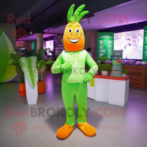 Lime Green Carrot mascot costume character dressed with a Polo Shirt and Digital watches