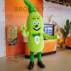 Lime Green Carrot mascot costume character dressed with a Polo Shirt and Digital watches