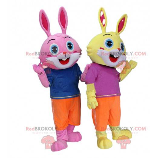 2 bunny costumes, one yellow and one pink, with blue eyes -