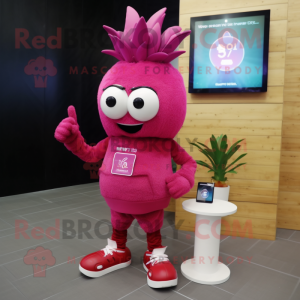 Magenta Pineapple mascot costume character dressed with a Trousers and Smartwatches