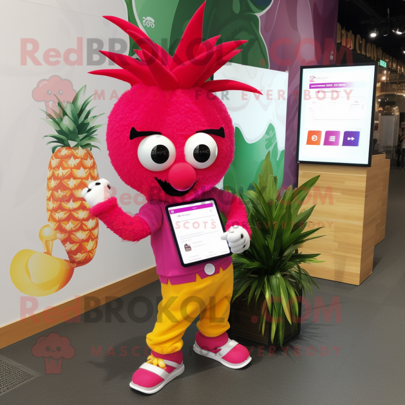Magenta Pineapple mascot costume character dressed with a Trousers and Smartwatches Magenta Pineapple mascot costume character dressed with a Trousers and Smartwatches