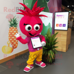 Magenta Pineapple mascot costume character dressed with a Trousers and Smartwatches
