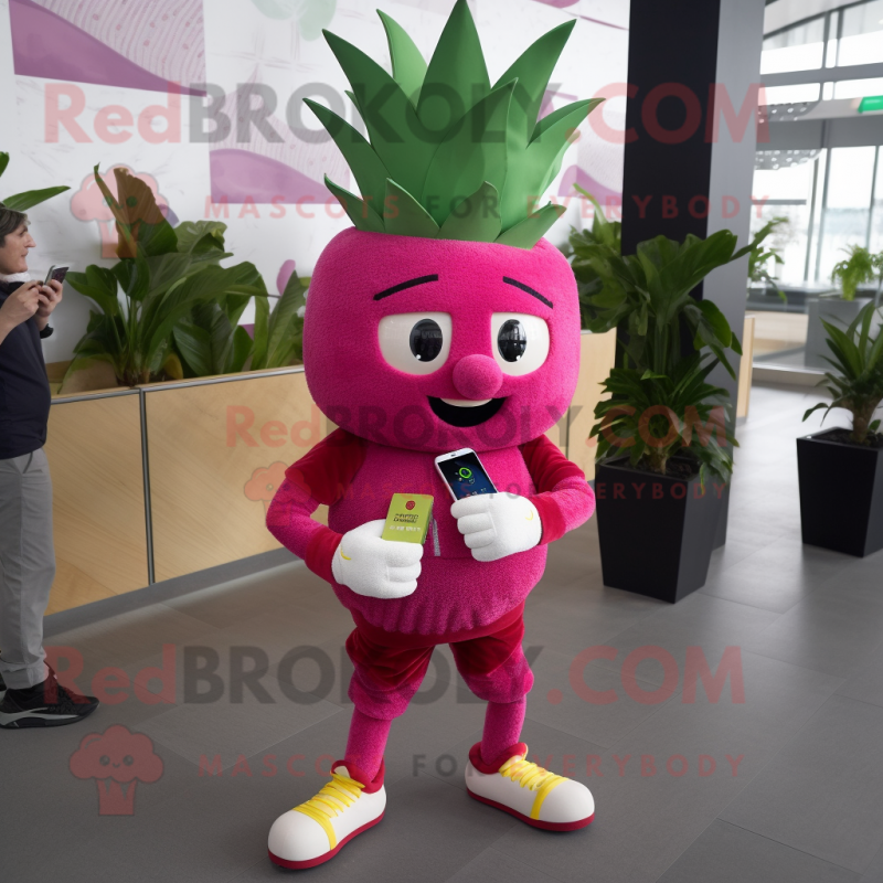 Magenta Pineapple mascot costume character dressed with a Trousers and Smartwatches Magenta Pineapple mascot costume character dressed with a Trousers and Smartwatches
